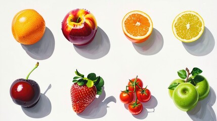 Naklejka premium Nine fruit painting icons, modern and symmetrically arranged on white background