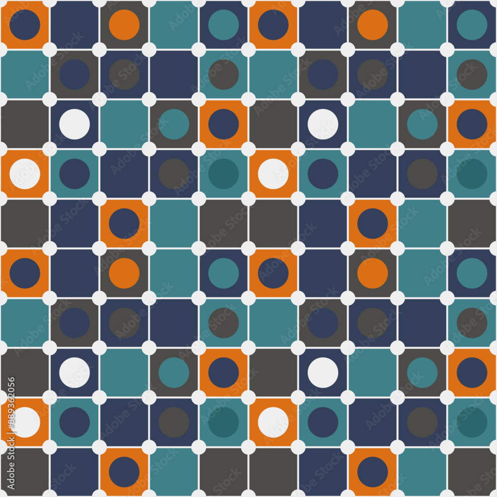 Poster Tiles with dots between them, as well as inside the tiles. Stylish colored tile pattern, seamless geometric and vector.