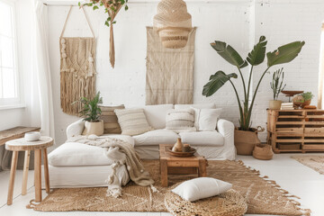 Bright Scandi-boho living room with white walls, natural wood accents, and boho-chic decor like woven baskets and potted plants