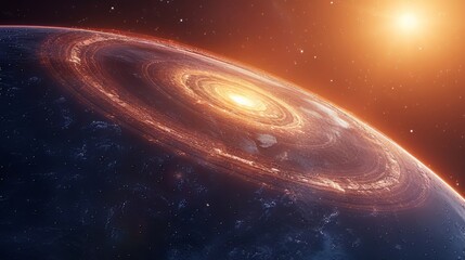 Obraz premium A planet with rings, seen from space, blue light in the background, illustration style, simple, dark blue and brown tones, high resolution, high quality, high detail,