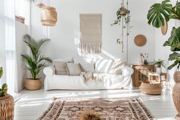 Bright Scandi-boho living room with white walls, natural wood accents, and boho-chic decor like woven baskets and potted plants