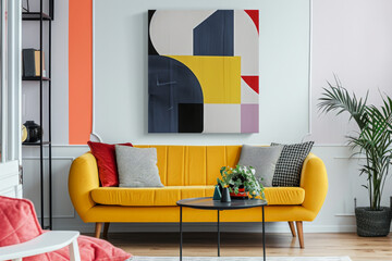Canvas poster with geometric shapes in bold, contrasting colors, featuring striking patterns and dynamic designs in a modern wallpaper style