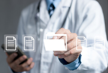 Documents concept, Doctor use computer connection server data base patient for technology treatment in hospital.in Documents concept management.
