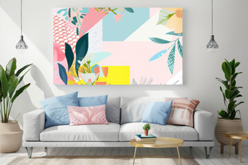 Canvas poster with geometric shapes in fresh, spring colors, showcasing floral patterns and delicate designs in a seasonal wallpaper style