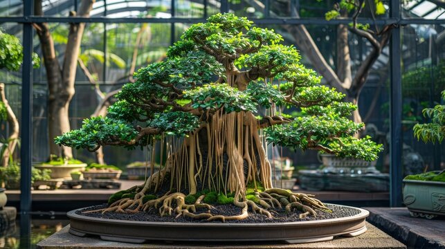Stunning ficus bonsai tree with lush foliage in a tropical greenhouse