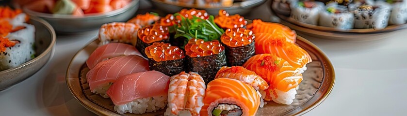 A beautifully arranged sushi platter with a variety of fresh sushi rolls and sashimi, perfect for a gourmet dining experience.