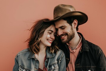 Portrait of a blissful couple in their 20s wearing a rugged cowboy hat in front of solid color backdrop