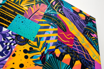 Canvas poster with geometric shapes in vibrant tropical colors, featuring dynamic patterns and lively designs in an exotic wallpaper style