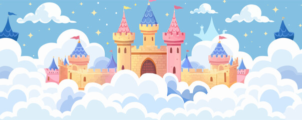 Naklejka premium A whimsical castle in the clouds with spires reaching toward the sky. Vector flat minimalistic isolated illustration.