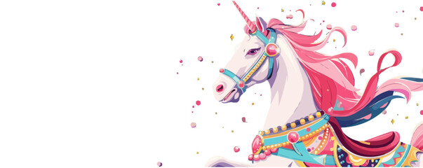 Obraz premium Whimsical carousel horse adorned with ribbons and jewels. Vector flat minimalistic