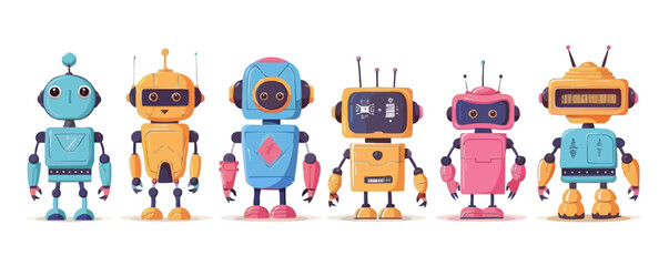 Obraz premium Robot toys on a white backdrop. Vector flat isolated illustration.