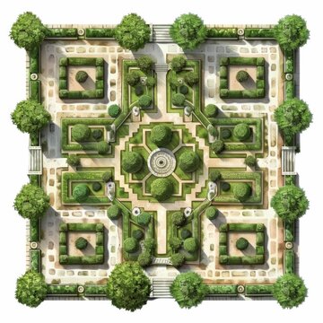formal French parterre, garden arrangement, detailed illustration, symmetrical patterns, isolated on white background
