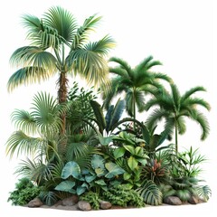 A tropical garden with palm trees, garden arrangement, realistic rendering, lush greens, isolated on white background