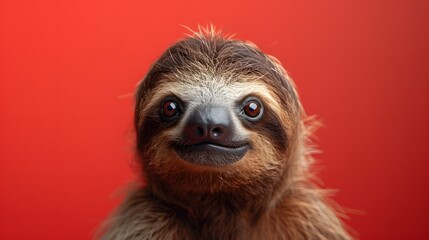 Fototapeta premium Sloth portrait, vibrant background, close-up, front view, curious expression, big round eyes, furry face, brown fur, adorable animal, wildlife photography, studio lighting.