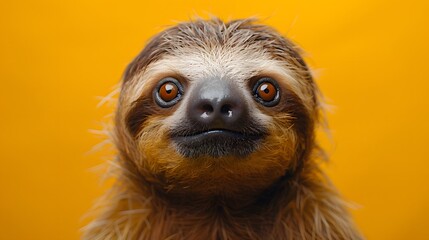 Fototapeta premium Sloth portrait, vibrant background, close-up, front view, curious expression, big round eyes, furry face, brown fur, adorable animal, wildlife photography, studio lighting.