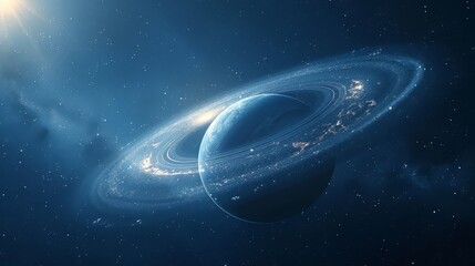 Obraz premium A planet with rings, seen from space, blue light in the background, illustration style, simple, dark blue and brown tones, high resolution, high quality, high detail,