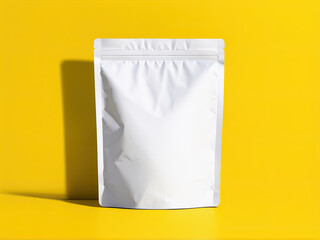 White Stand Up Pouch Mockup on Yellow Background.