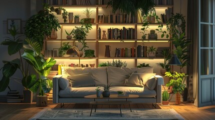 Modern Living Room with Cozy Atmosphere and Indoor Plants