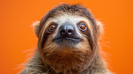 Naklejka premium Sloth portrait, vibrant background, close-up, front view, curious expression, big round eyes, furry face, brown fur, adorable animal, wildlife photography, studio lighting.