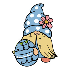 Vector Cartoon Gnome in Blue Polka Dot Outfit Hugging Easter Egg.


