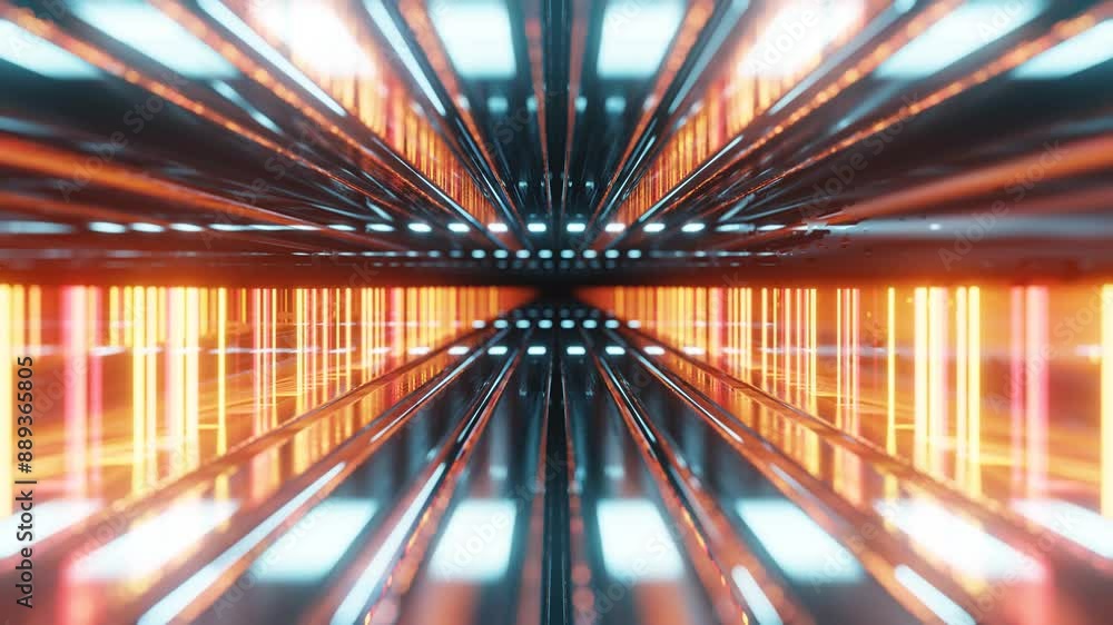 Poster fly through mirror designs form tunnel technology cyberspace with neon glow. sci-fi flight through d