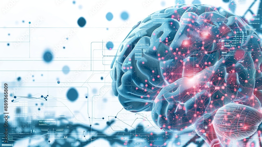 Poster artistic rendition of brains neural network with glowing points representing synaptic connections