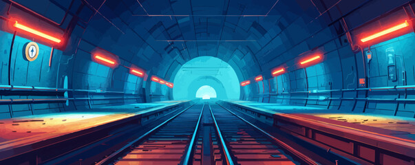 A blue tunnel with a clock on the wall. The tunnel is empty and the lights are on