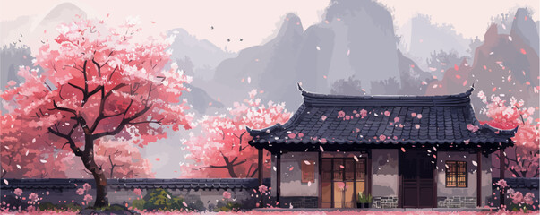 A house with a garden in front of it. The house is surrounded by cherry blossoms and there are birds flying in the sky