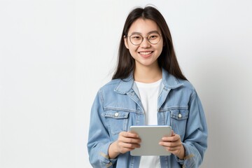 A young woman wearing a blue jacket and glasses is holding a tablet. She is smiling and she is happy