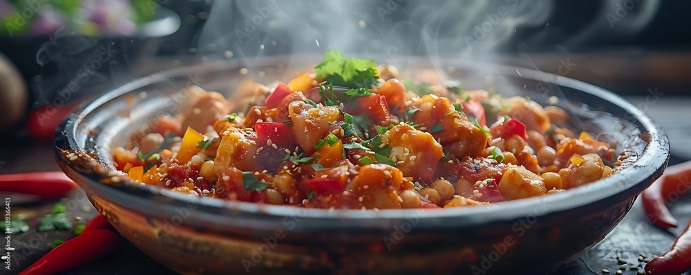 Poster steaming hot bowl of chickpea and vegetable stew, rustic food photography, closeup