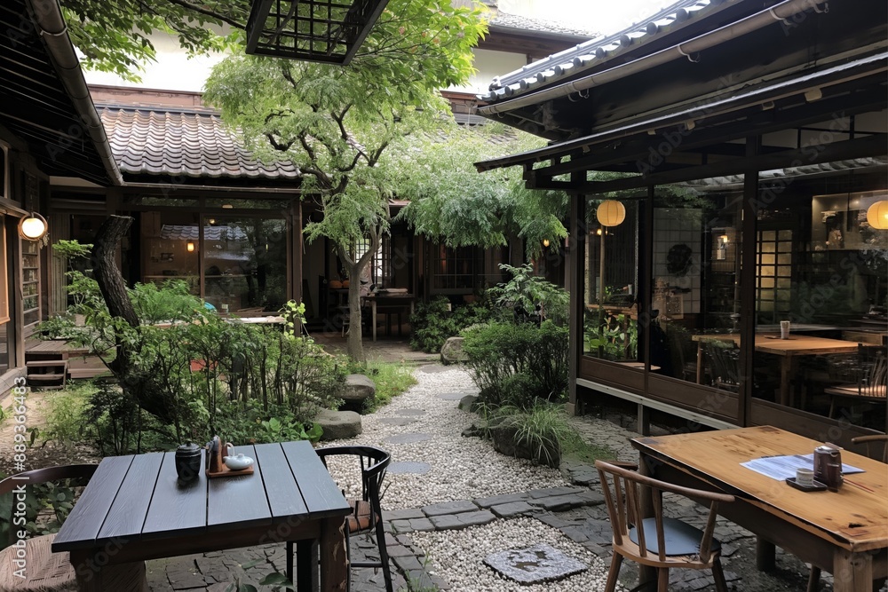Poster a courtyard with a stone path and a few tables and chairs. the tables are set up for people to sit a