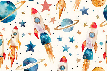 A colorful illustration of rockets and stars in watercolor style on a white background, perfect for use in designs related to space exploration or astronomy