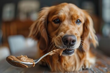 A closeup of a dog exuberantly licking a spoon of peanut butter, a treat for good behavior , graphic design