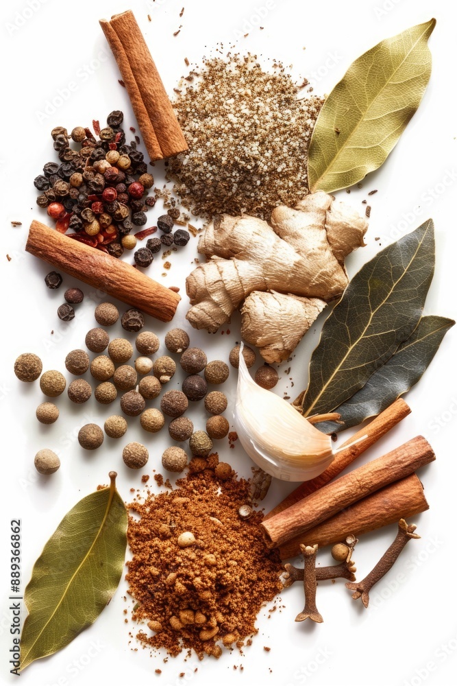 Poster a colorful arrangement of various spices and herbs on a white background