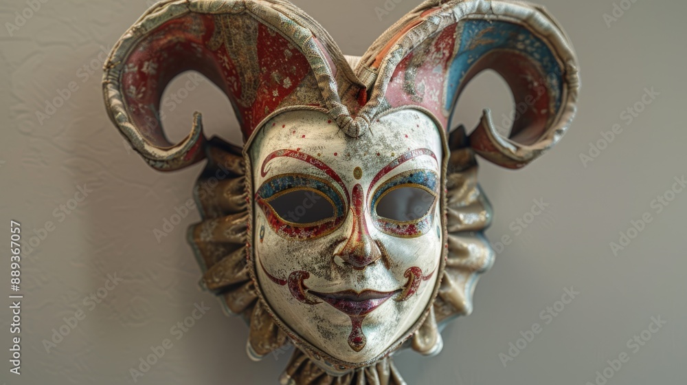 Aufkleber A close-up view of a mask on a wall with intricate design and colors