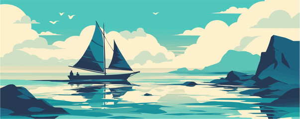 Sailboat with billowing sails on a calm sea, Vector flat minimalistic isolated illustration