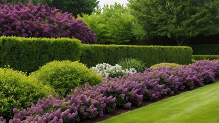 Lilacs and flowering shrub bed cut out for landscape design, including green plants and boxwood hedge