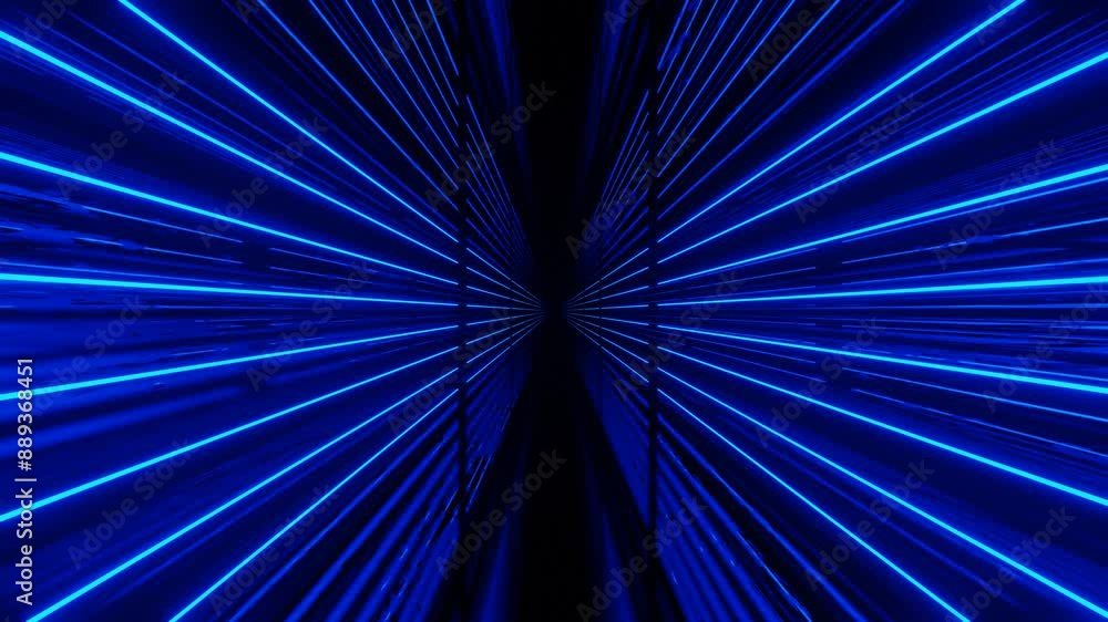 Poster glow blue lines. 4k seamless looped animation. fly through mirror tunnel with neon pattern, glow lin