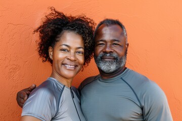 Obraz premium Portrait of a blissful afro-american couple in their 40s sporting a breathable mesh jersey on solid color backdrop