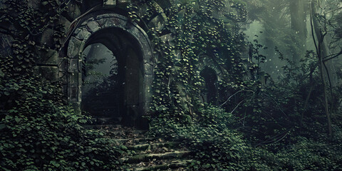 An ancient ivy covered stone archway in the garden.