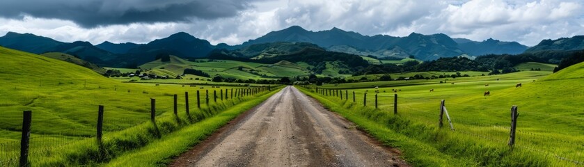 A long, winding dirt road through a green valley with mountains in the distance.