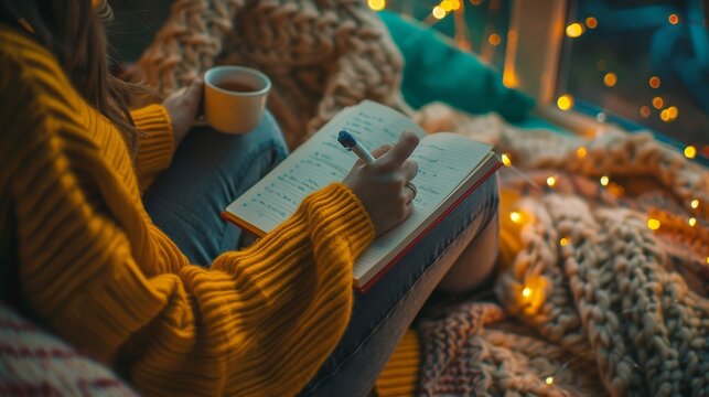 A person journaling in a cozy nook, with soft lighting and a cup of tea nearby, focusing on self-reflection