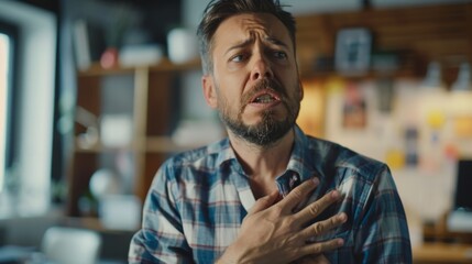 Fototapeta premium A person with a hand on his chest, showing a pained expression, in a coworking space generative ai