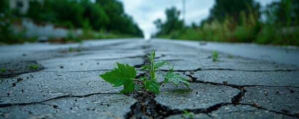 Fototapeta premium A single plant growing through cracked asphalt on a deserted road.