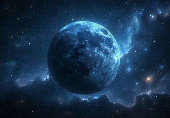 Obraz premium A blue planet with two moons in space, a black background of stars and planets in the sky, sci-fi style, digital art, neon effects, dark blue and silver tones, other worlds in distant orbits, planets 