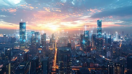 Fototapeta premium Advanced cityscape photography, augmented reality interface, hightech urban environment