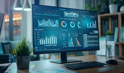 Detailed Business Analysis Displayed on Computer Screen Dashboard, Ideal for Financial and Data Analytics, 4K High-Resolution Wallpaper with AI-Generated Background