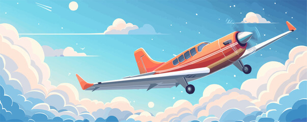 Fototapeta premium A red and white airplane is flying through the sky. The sky is blue with some clouds. The airplane is the main focus of the image