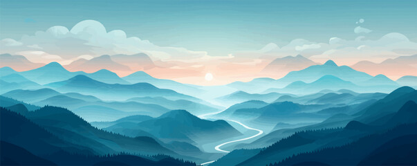 A serene mountain pass with winding trails and panoramic views of distant peaks. Vector flat minimalistic isolated illustration.