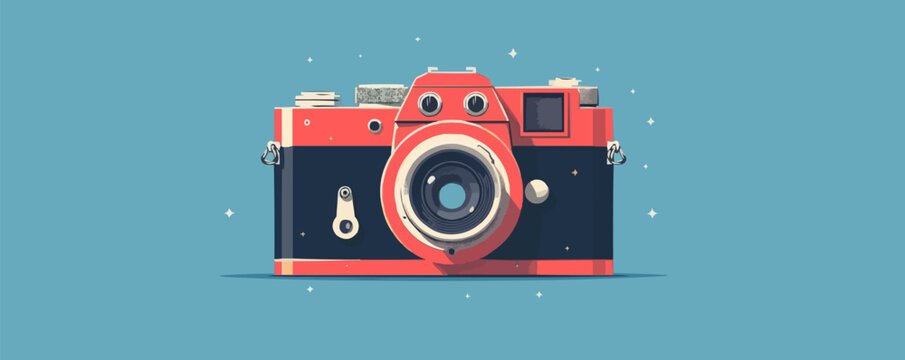 A red camera with a black body and a blue background